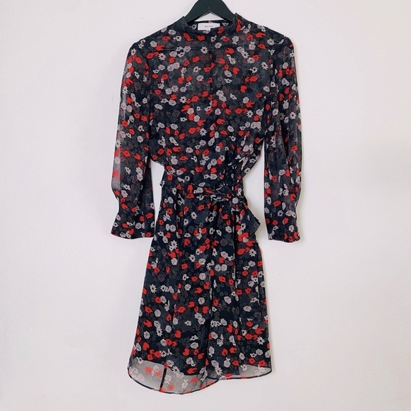 REISS Ladies Red Mix Ditsy Floral PEONY Sheer Lined Tie Waisted Party Dress US8 - Picture 2 of 16